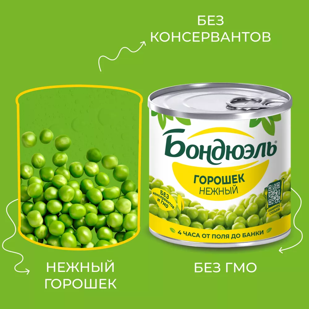 Горошек консервированный Бондюэль, нежный, 200 г