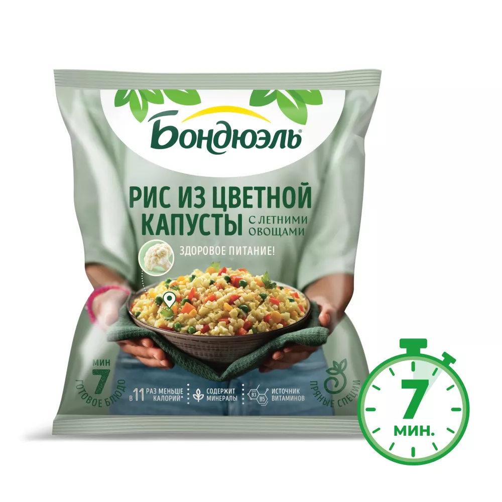 Рис из цветной капусты Бондюэль, овощная смесь замороженная, с летними овощами, 400 г