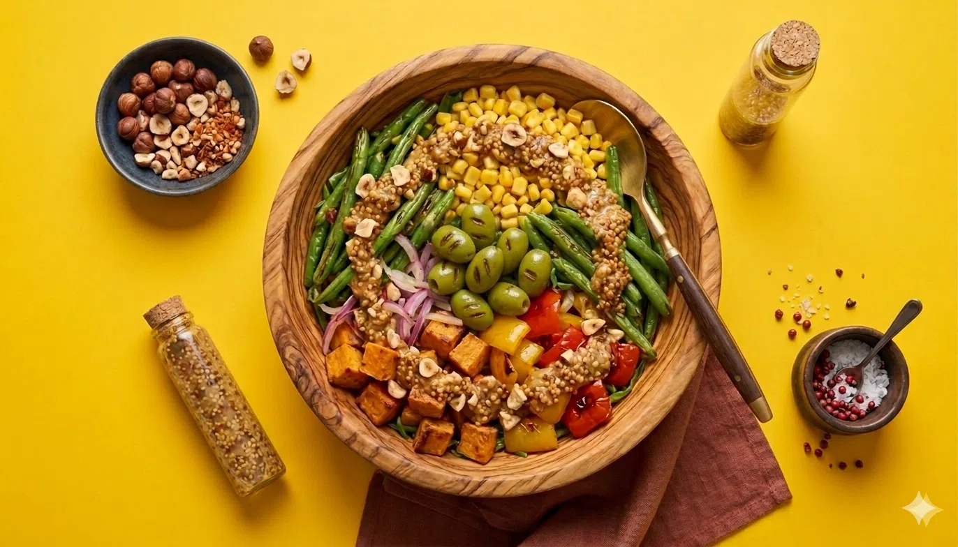 Теплый овощной салат с ореховым соусом