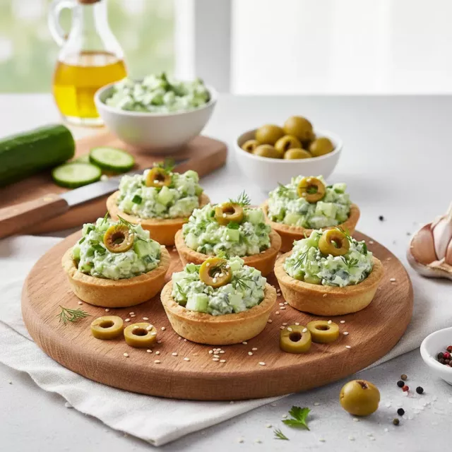 Тарталетки с оливками, творожным сыром и огурцом