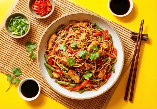 Соба с курицей и овощами