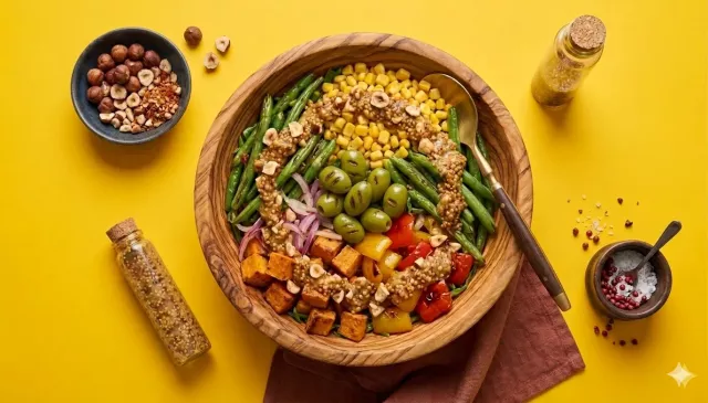 Теплый овощной салат с ореховым соусом