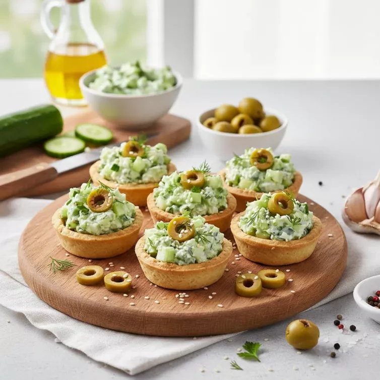 Тарталетки с оливками, творожным сыром и огурцом