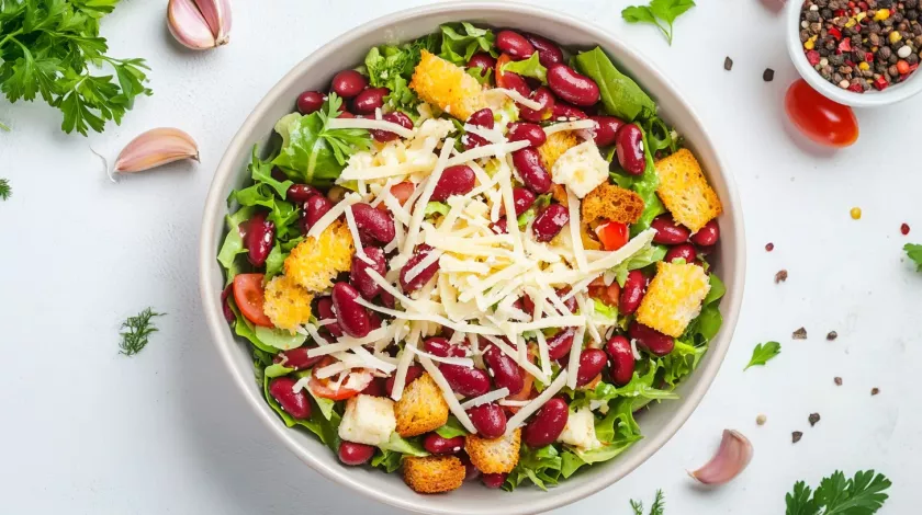 Салат с консервированной фасолью, сыром и сухариками