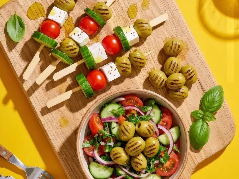 Канапе с оливками-гриль, помидорами черри и фетой