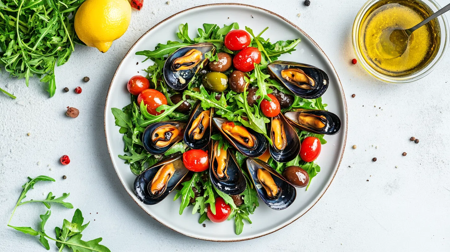 Салат с мидиями, оливками и помидорами черри