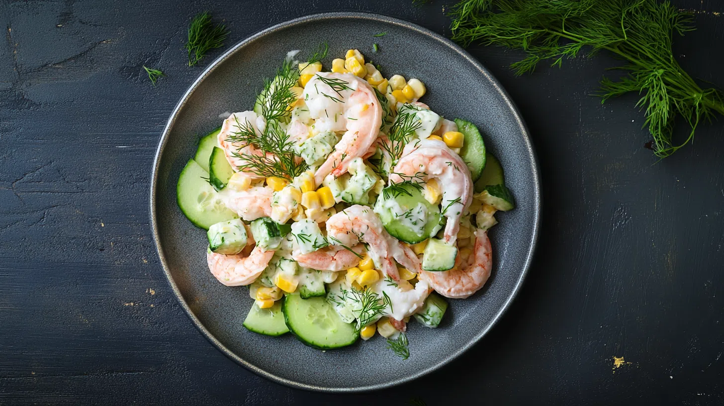 Салат из лангустинов с огурцом, кукурузой и авокадо